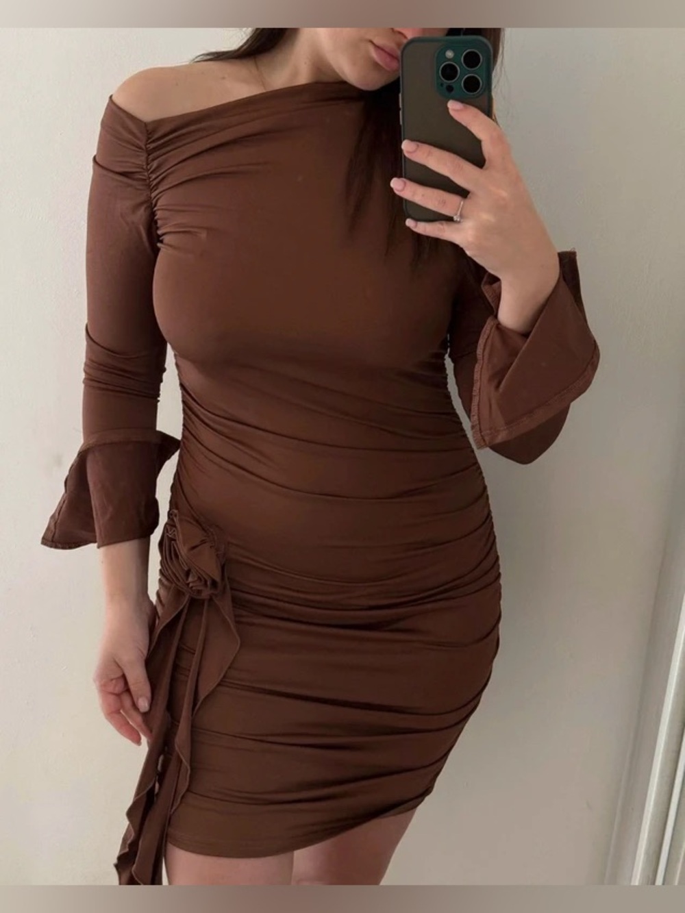 Off-Shoulder Brown Ruched Bodycon Dress